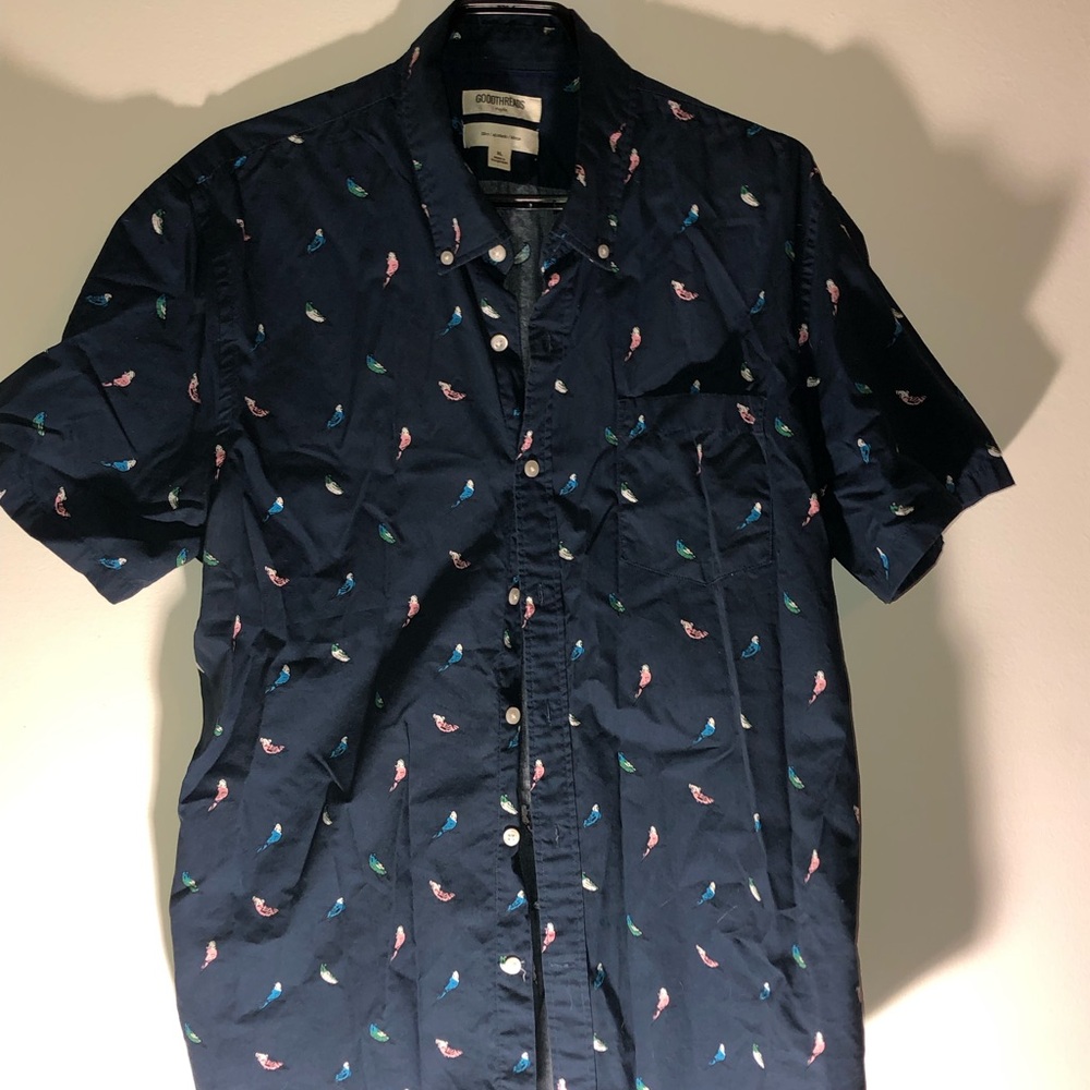 Goodthreads Dark Blue Shirt with Multicolor Bird Pattern